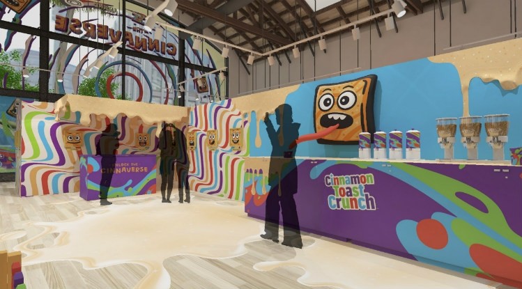 A rendering of the pop-up experience prominently featuring the brand's recently appointed mascot, the Cinnamoji. Pic: General Mills