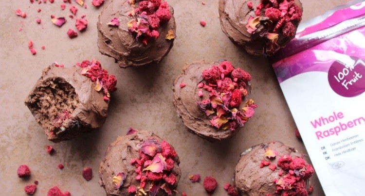 Chocolate, Banana and Rapberry Muffins with Lio Licious Whole Raspberry Pieces. Pic: Lio Licious