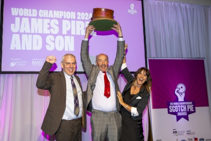 Paul Long, MD Bako Northern and Scotland; Scotch Pie Champion Alan Pirie and TV presenter Carol Smillie. Pic: Scottish Bakers