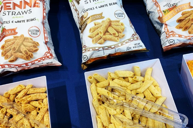 Alt-grains and pulses showed up in many forms at the Sweets & Snacks Expo, such as these penne-shaped crisped puffs from Vintage Italia.