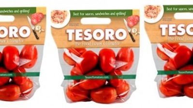 The Produce Exchange puts its Tesoro tomatoes in bright pouch packaging.