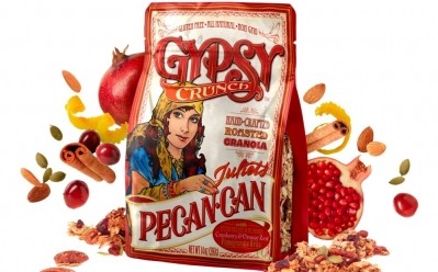 Gypsy Crunch gluten-free granolas are housed in flexible packaging topped with a resealable Velcro closure.