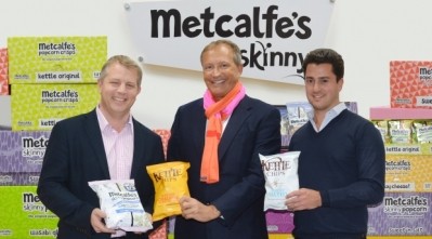 Left to right: Kettle Chips UK MD Ashley Hicks, and Metcalfe’s Skinny co-owners Julian Metcalfe and Robert Jakobi