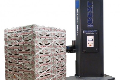 Best Packaging Systems' DS20 semi-automatic stretch tape secures product pallets with minimal material.