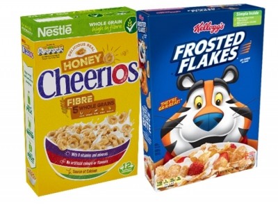 Americans are willing to absorb price increases for their favoured morning fix of Cheerios and Frosted Flakes, but only to a certain degree. Pics: Kellogg's/Nestlé's